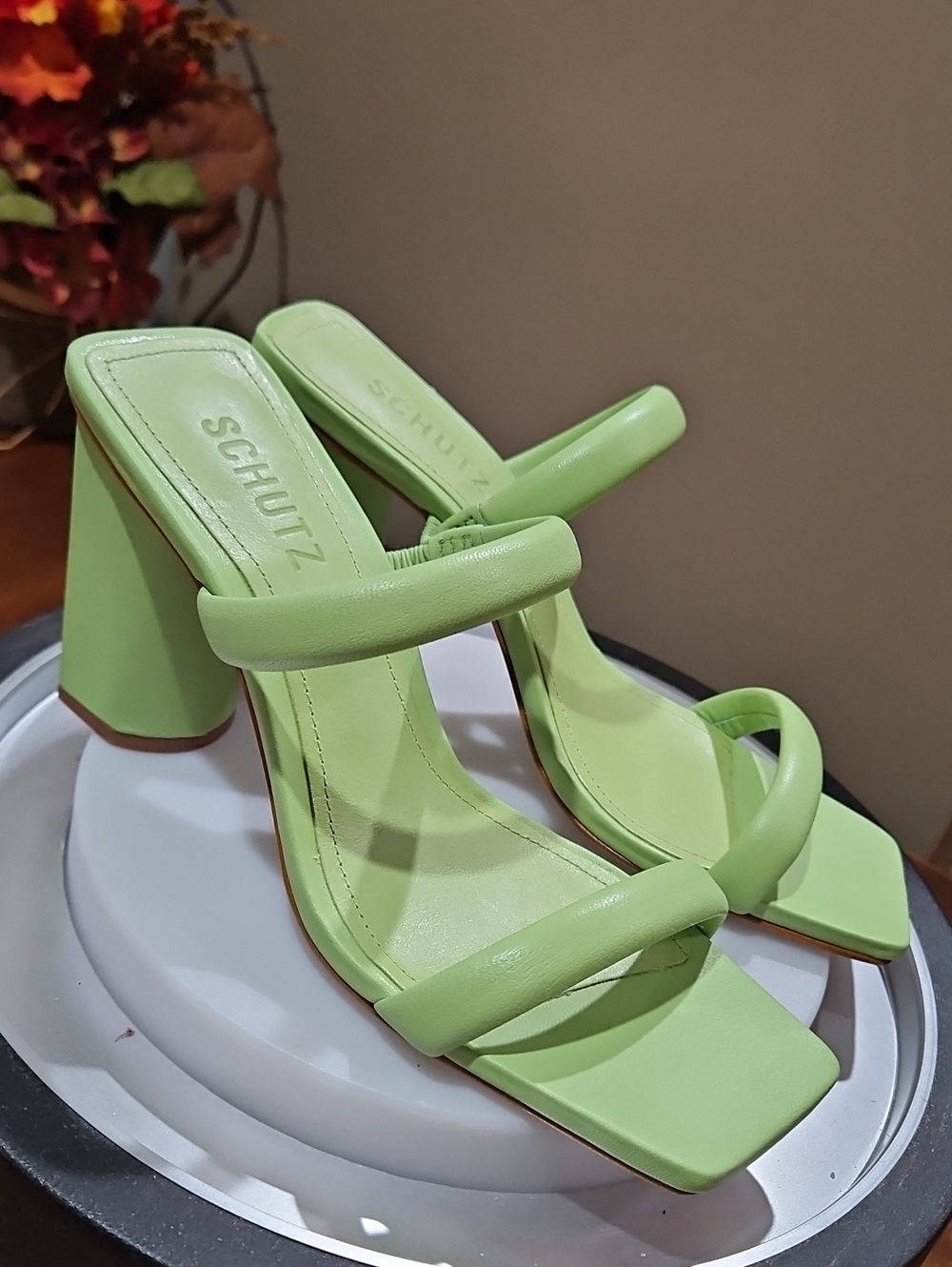 SCHUTZ Lime Green Padded Double-Strap Block Heel Sandals